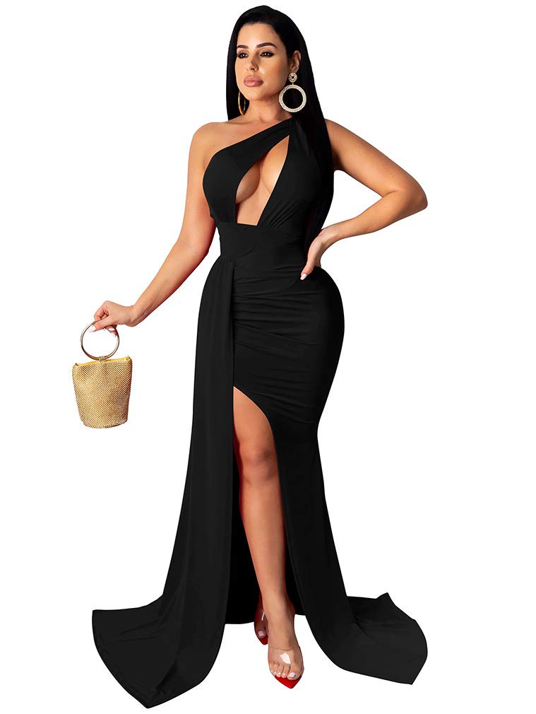 LAGSHIAN Women Sexy Elegant One Shoulder High Split Cutout Long Evening Dress Black - Image 3